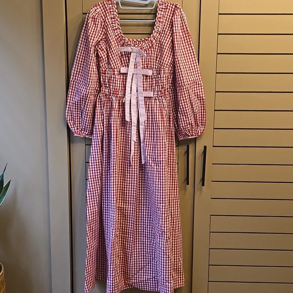 DAMSON MADDER Dakota Red Gingham Bow Midi Dress EU 8/US 4 - Picture 4 of 13
